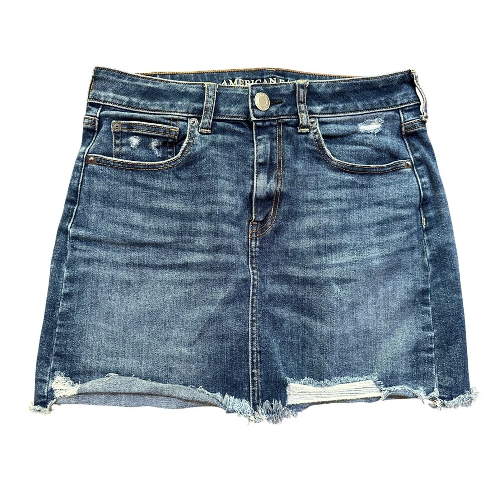 American Eagle Denim A-Line Skirt Super Stretch HighRise Raw Hem Distressed Sz 8